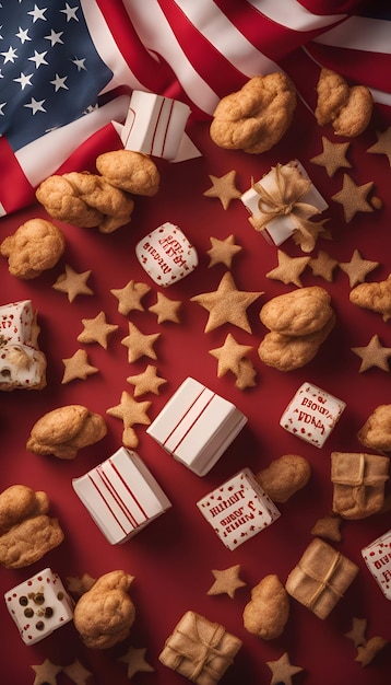 Foto fondo de vacaciones patriótico con estrellas de galletas y bandera de estados unidos