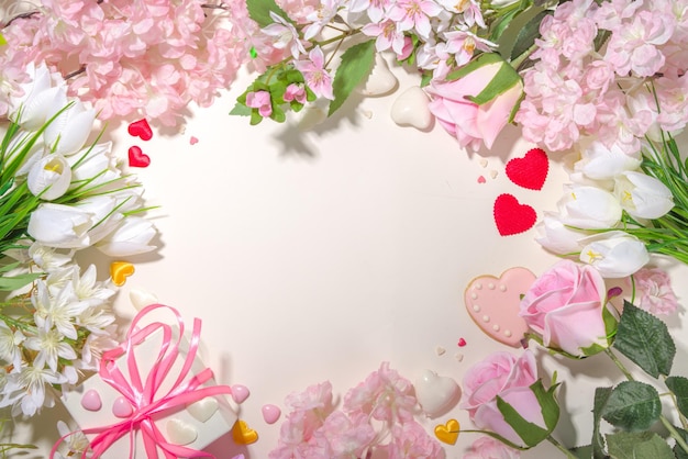 Fondo de vacaciones de primavera rosa y blanco con varias lindas flores tiernas. Día de san valentín, día internacional de la mujer 8 de marzo, cumpleaños, tarjeta de felicitación del día de la madre maqueta vista superior marco plano