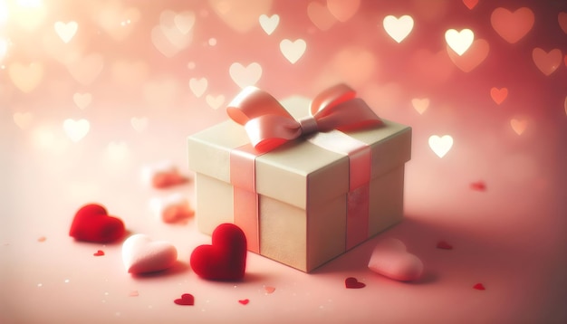 Fondo de vacaciones de San Valentín con caja de regalos corazones de arco bokeh en tonos rojos pastel melocotón