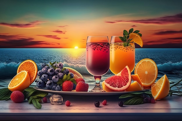 Fondo de vacaciones de verano con dos copas de cóctel en la playa tropical puesta de sol fondo generativo ai
