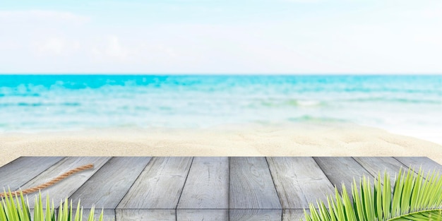 Fondo de vacaciones de verano con terraza de madera o suelo mar cielo azul y arena blanca