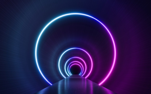 Fondo vacío oscuro de ciencia ficción futurista con luces de neón azules y púrpuras. Representación 3d