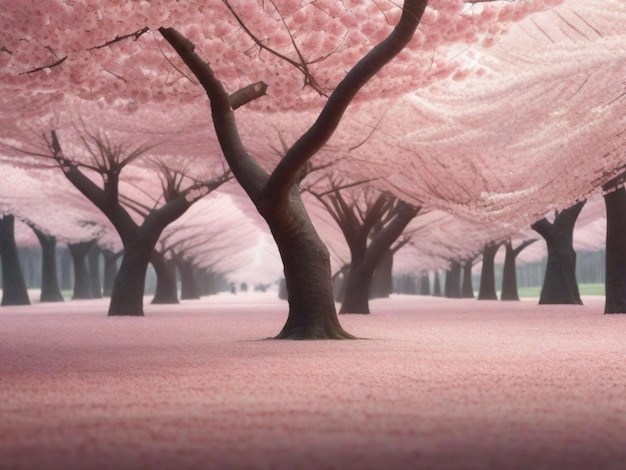 Un fondo vacío con un tranquilo bosque de cerezos en flor con delicados pétalos rosados que caen suavemente al suelo