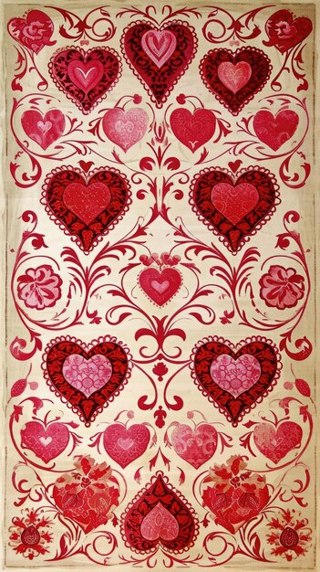 Fondo de Valentines de estilo retro con patrones de corazón vintage en rojo y rosa