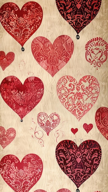 Fondo de Valentines de estilo retro con patrones de corazón vintage en rojo y rosa