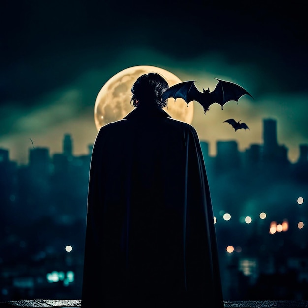 fondo vampiro con paisaje nocturno ciudad luna llena murciélagos voladores realista ultra detallado ra