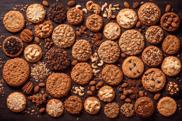 Fondo de varias galletas Muchas galletas diferentes están dispuestas en todo el marco