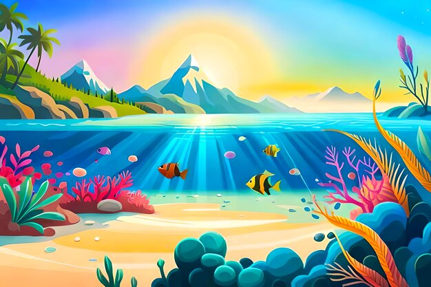 Un fondo vectorial de acuarela de agua de mar translúcida con peces de mar y olas vibrantes