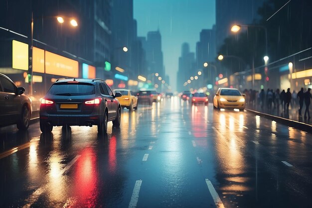 Fondo vectorial Luzes desenfocadas borrosas de tráfico pesado en una lluvia húmeda