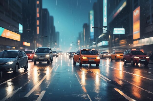 Fondo vectorial Luzes desenfocadas borrosas de tráfico pesado en una lluvia húmeda