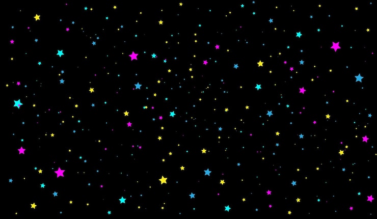 Foto fondo vectorial negro con ilustración de estrellas holográficas de dibujos animados