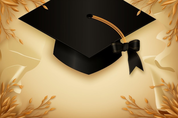 Foto fondo vectorial con tapa de graduación y certificado de papiro diseño negro dorado