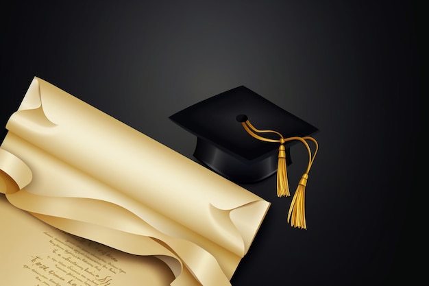 Fondo vectorial con tapa de graduación y certificado de papiro diseño negro dorado