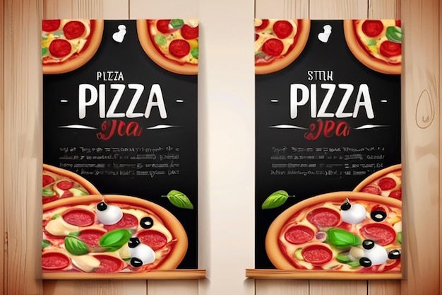Foto el fondo vectorial del volante de la pizzería de pizza realista dos pizzas verticales
