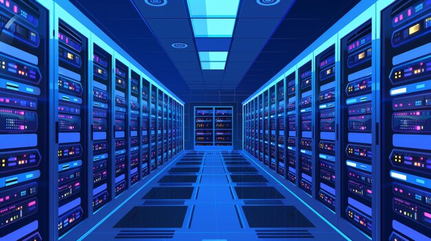 Foto en el fondo vemos un sistema de almacenamiento en la nube un centro de datos y una sala de servidores rodeada por un fondo moderno azul un estante de equipos informáticos está apilado en el almacén con un ciber