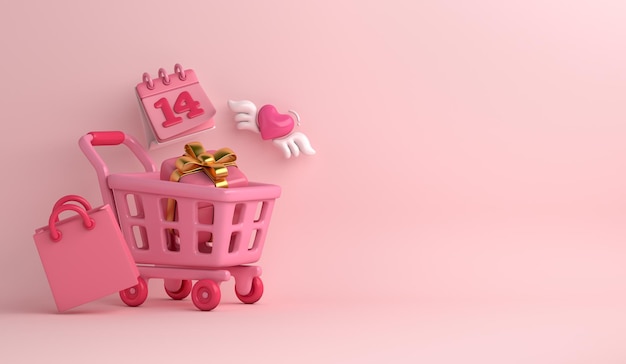 Fondo de venta de feliz día de San Valentín con carro de compras 3d, fecha de calendario 14, caja de regalo