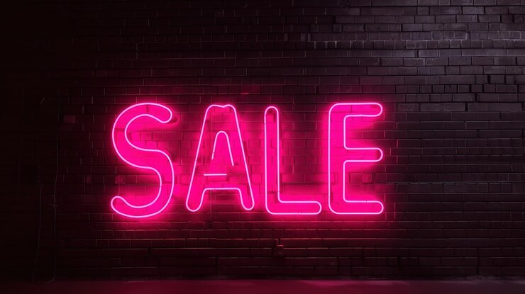 Fondo de venta Inscripción rosa neón VENTA en una pared de ladrillo oscuro Ai generativo
