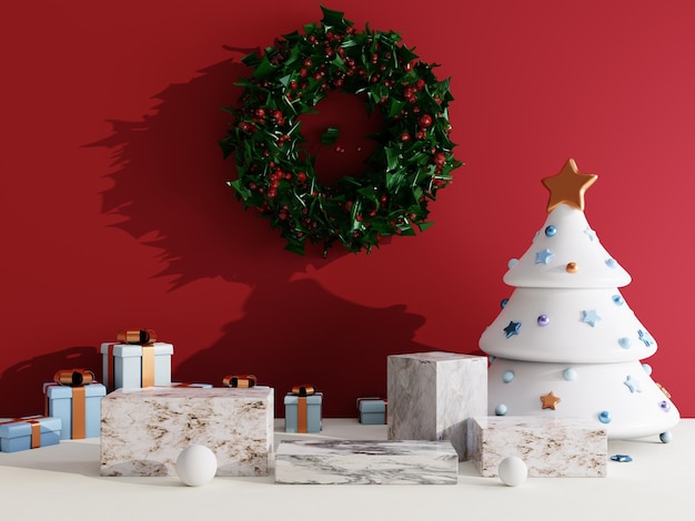 Fondo de venta de navidad con árbol de navidad y podio de escenario para exhibición de productos renderizado 3d