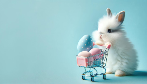 Fondo de venta de Pascua un pequeño conejo con un carrito de compras en miniatura huevos de Pascua