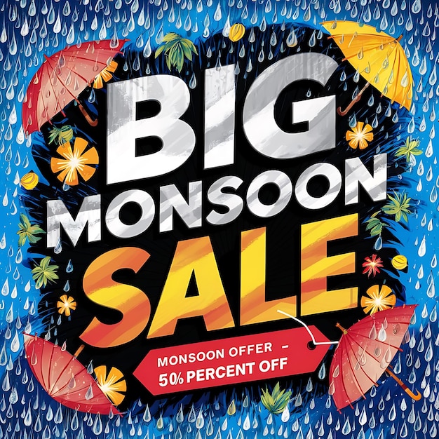 Fondo de venta de la temporada de monzones con lluvia y paraguas y modelo