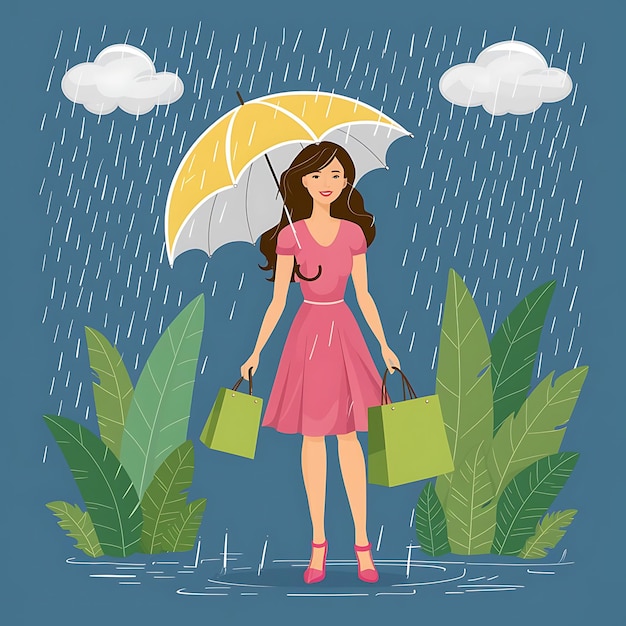 Foto fondo de venta de la temporada de monzones con lluvia y paraguas y modelo