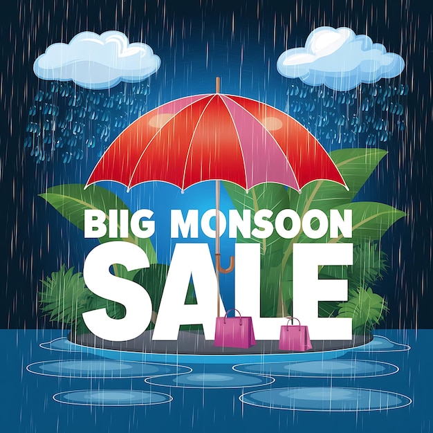 Foto fondo de venta de la temporada de monzones con lluvia y paraguas y modelo