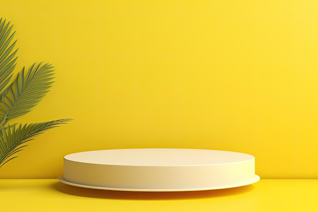 Un fondo de verano amarillo brillante destaca un estante de podio blanco o una exhibición de pedestal vacante con un