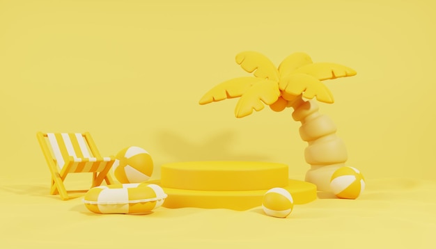 Fondo de verano amarillo con silla de playa de árbol de coco Podium y anillo de natación Vacaciones tropicales 3D