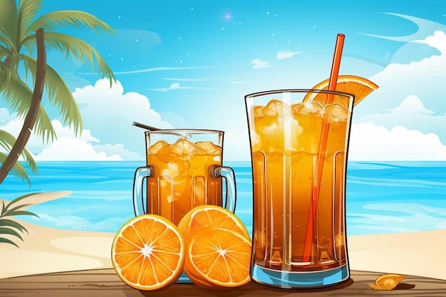 Fondo de verano con bebida de naranja y palmeras