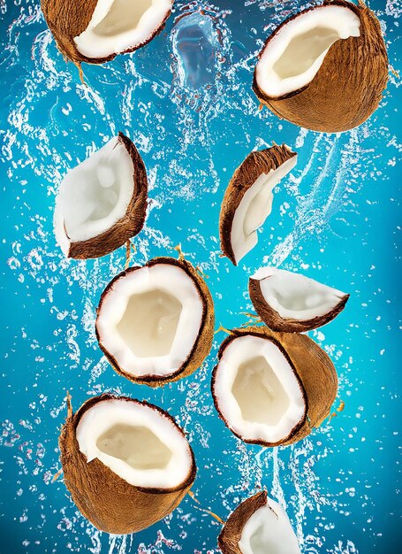 Foto fondo de verano con cocos en fondo de agua con salpicaduras de agua fondo de verano creativo