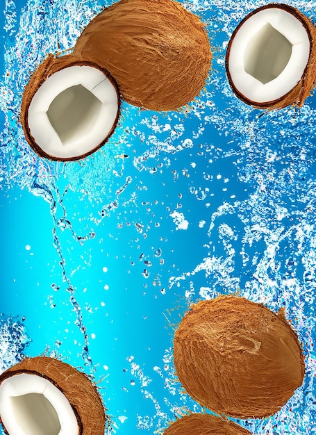 Foto fondo de verano con cocos en fondo de agua con salpicaduras de agua fondo de verano creativo