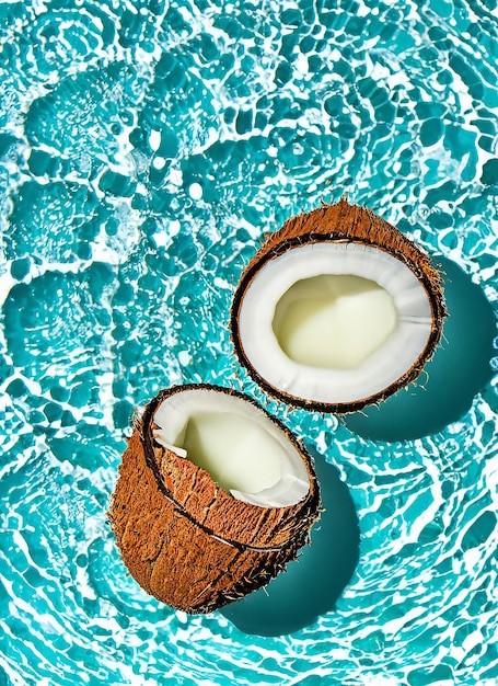 Foto fondo de verano con cocos sobre fondo de agua con salpicaduras de agua fondo de verano creativo