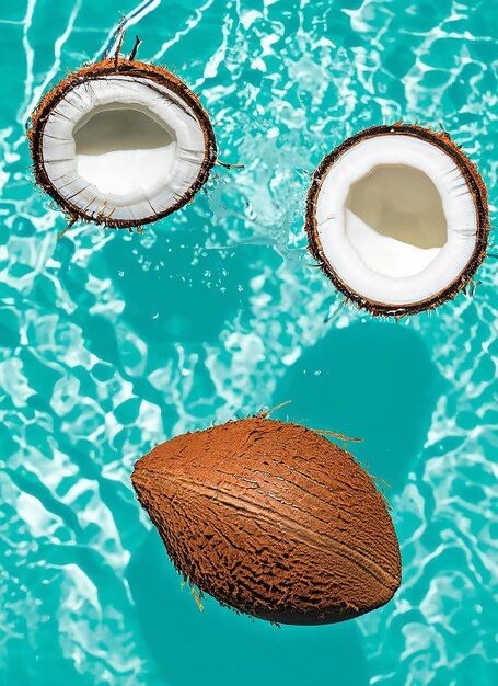 Foto fondo de verano con cocos sobre fondo de agua con salpicaduras de agua fondo de verano creativo