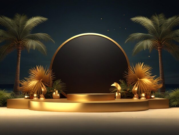 Fondo de verano Composición de plantilla con podio dorado Palmeras y objetos de playa Escena oscura