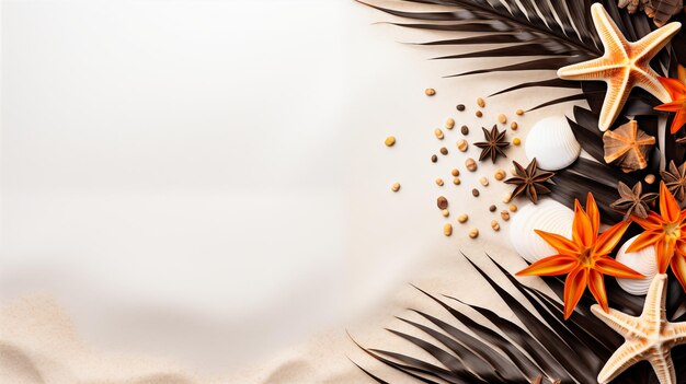 Fondo de verano con conchas de estrellas de mar y hojas de palma en la arena