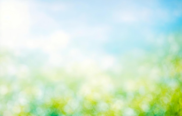 Fondo de verano de follaje borroso azul y verde y cielo con bokeh brillante Borroso Fondo abstracto de primavera y verano