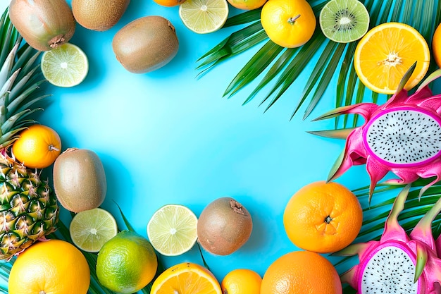 Fondo de verano con frutas tropicales kiwi limón naranja fruta del dragón piña en azul claro