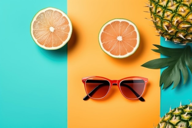 Fondo de verano gafas de sol piña plana lay AI generativo