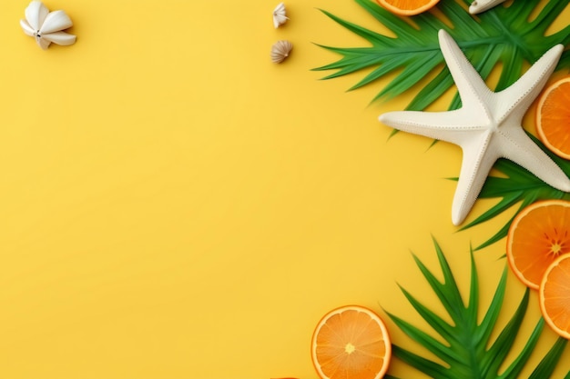 fondo de verano con hoja verde estrella de mar naranja