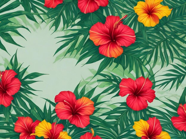 Fondo de verano con hojas tropicales y flores de hibisco