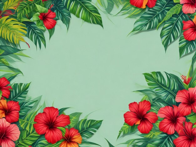 Foto fondo de verano con hojas tropicales y flores de hibisco