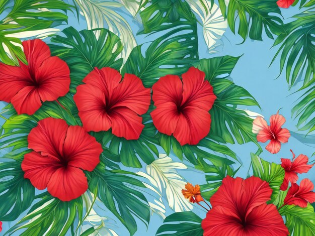 Fondo de verano con hojas tropicales y flores de hibisco