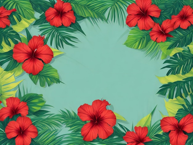 Fondo de verano con hojas tropicales y flores de hibisco