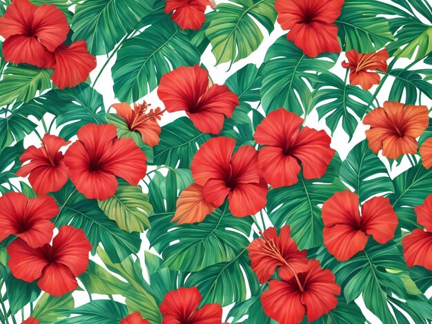 Fondo de verano con hojas tropicales y flores de hibisco