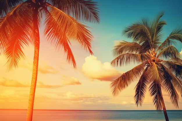 Fondo de verano con naturaleza enmarcada de playa dorada tropical con rayos de luz solar y hojas de palma