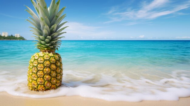 Foto fondo de verano con piña en la orilla del mar red neuronal generada por la ia