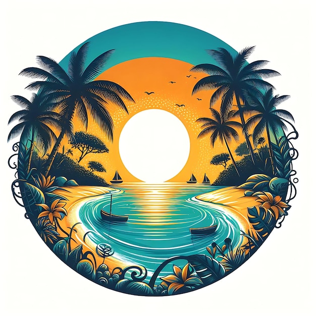 Fondo de verano con puesta de sol e ilustración de palmeras