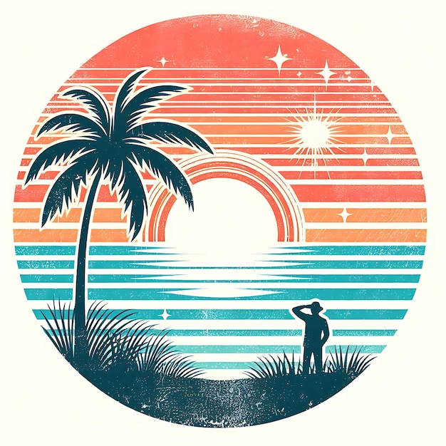 Foto fondo de verano con puesta de sol e ilustración de palmeras