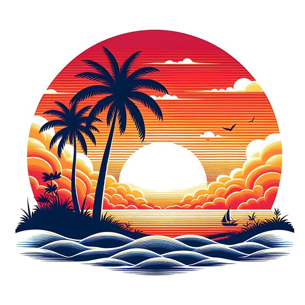 Fondo de verano con puesta de sol e ilustración de palmeras