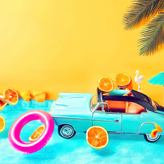 Fondo de verano con rebanadas de frutas de naranja en el agua de la piscina Papel de pared de verano con espacio de copia